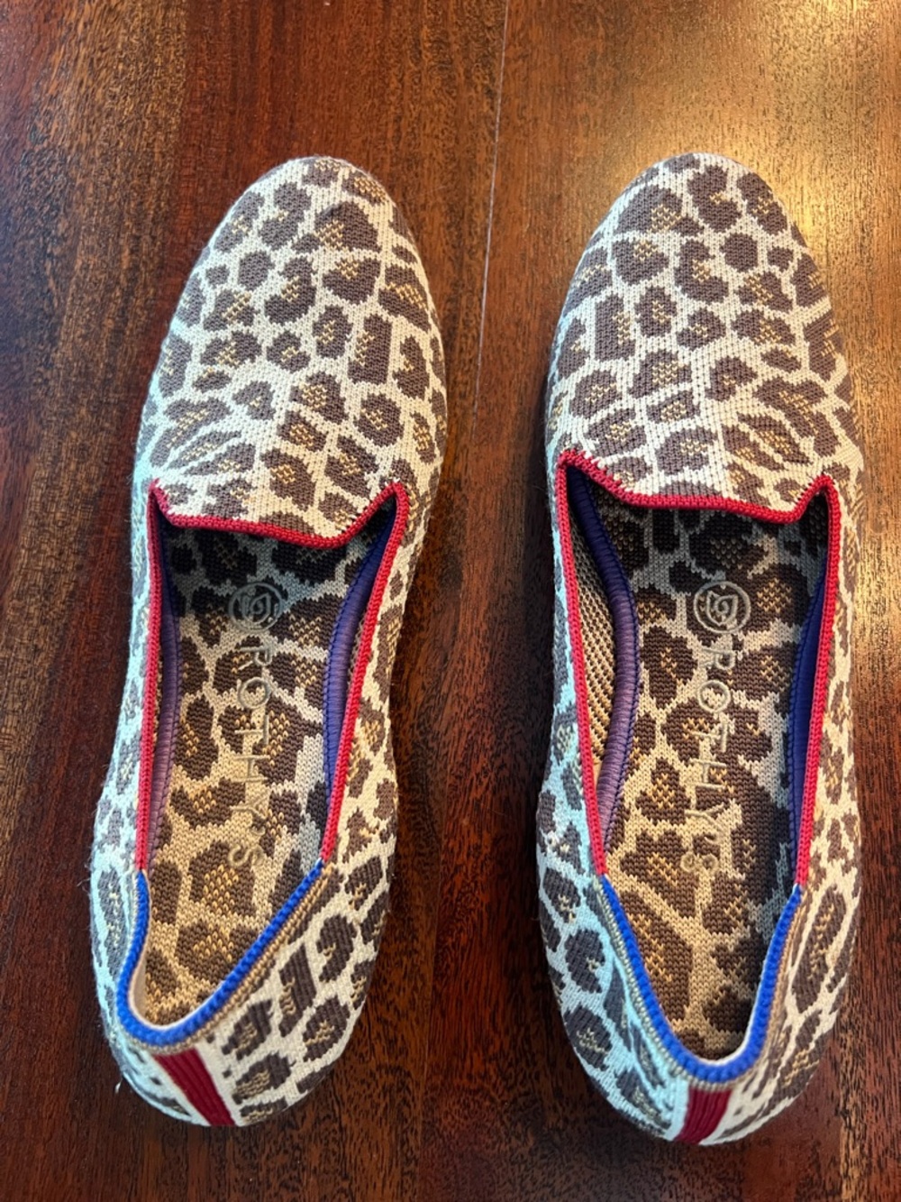 Rothy's The Loafer Mocha spot Leopard Print Slip-On Flats with Red & Blue Trim